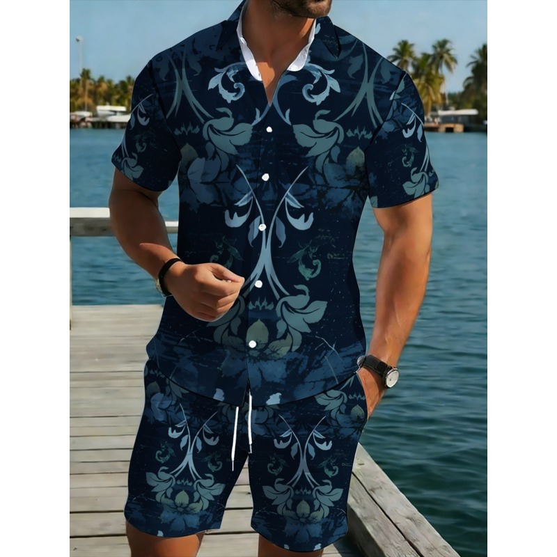 Printed Floral Shirt - Lacivert Çiçek Desenli Erkek Kısa Kollu