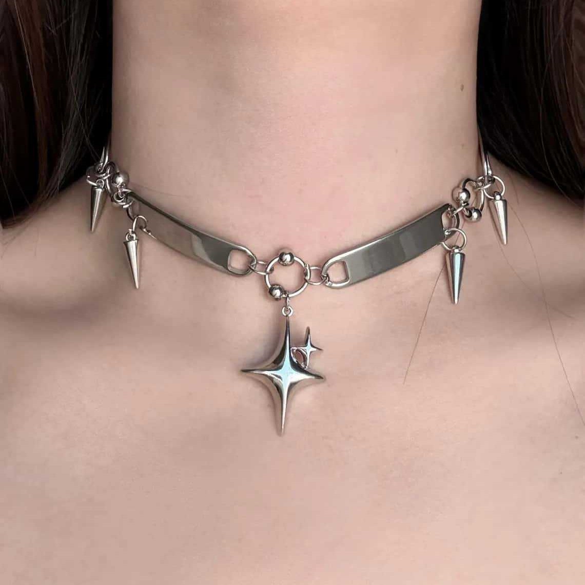 Vintage Fashion Necklace - Punk Yıldızı Perçinli Gerdanlık,Rock Takıları,Y2k Aksesuarı,Hippi,Goth,Design
