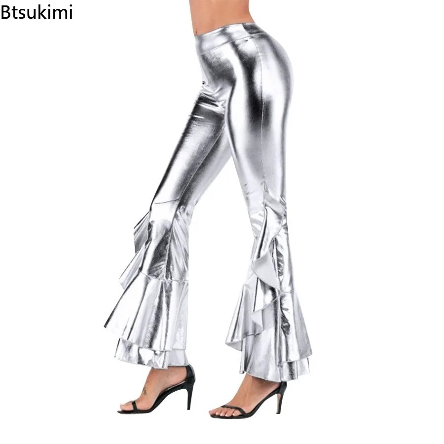 Wide Leg Trouser 70S - Kadın Parlak Flare Pantolon Metalik Çan