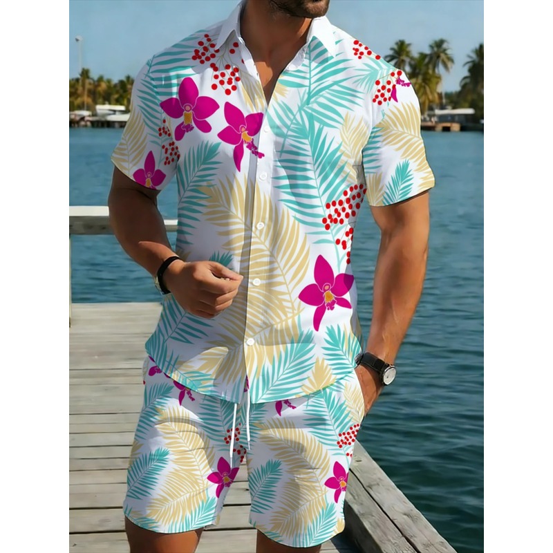 Printed Floral Shirt - Erkek Tropikal Çiçek Desenli Kısa Kollu