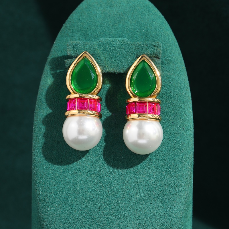 Vintage Fashion Jewelry Brands - Vintage Yeşil Cam Pembe Zirkon İnci