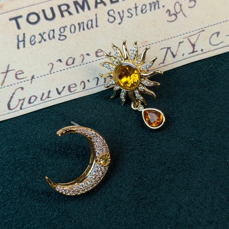 Vintage Fashion Jewelry Brands - Vintage Sarı Kristal Güneş Ay Küpe