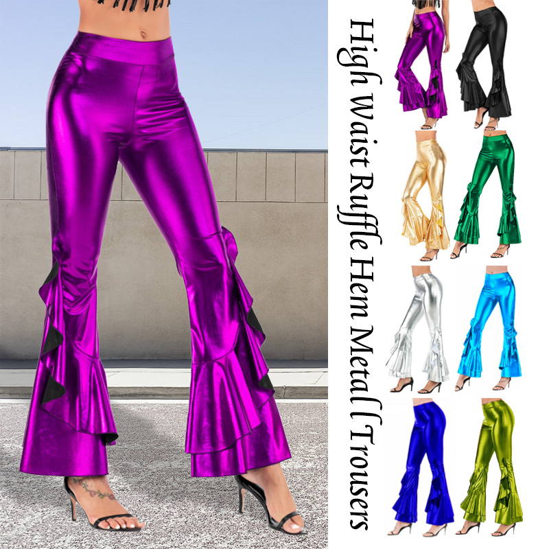 Wide Leg Trouser 70S - Kadın Parlak Flare Pantolon Lazer Metalik