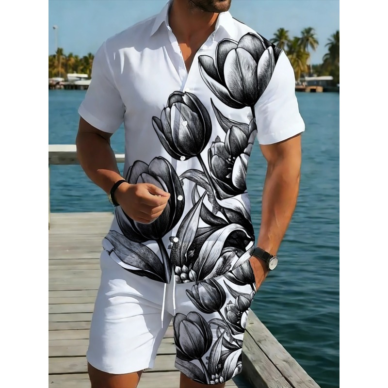 Printed Floral Shirt - Erkek Beyaz Çiçek Desenli Gömlek ve