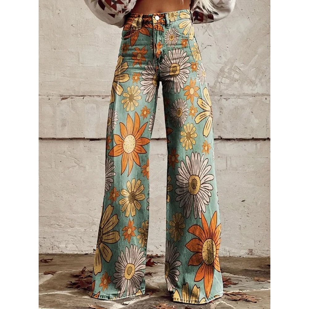 Wide Leg Trouser 70S - Kadın Sevimli Retro Dalga Papatya Baskı